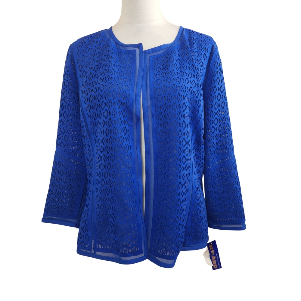 Peter Nygard Cobalt Blue Lace Laser Cut‎ Open Front Jacket Cardigan Size 12 NWT